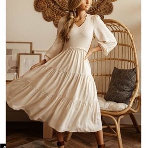 Bohme | SMOCKED TIERED MIDI DRESS IN IVORY | size medium